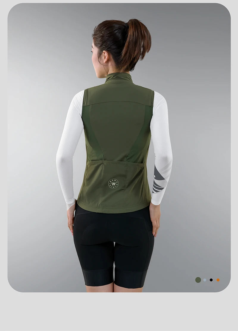Back view of a woman wearing an olive green women's cycling vest summer designed for breathable comfort