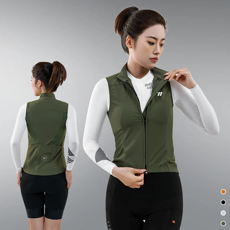 KiKis women's cycling vest summer in olive green with full front zipper and fitted design