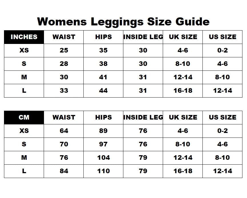 Woman scrunch bum flare leggings size guide chart showing waist hips inside leg UK and US sizes
