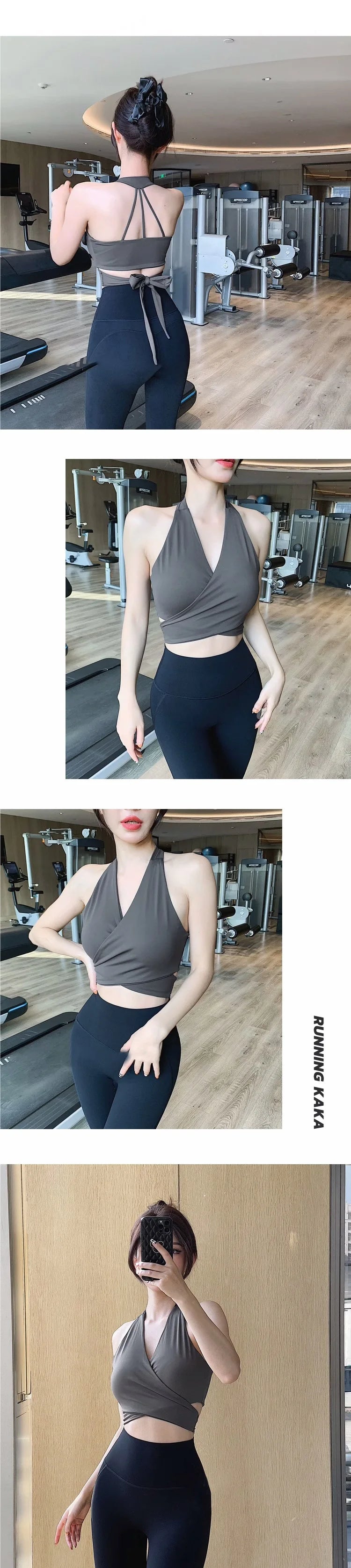 Women's deep v neck nylon crop top in brown styled with black high-waist leggings at the gym