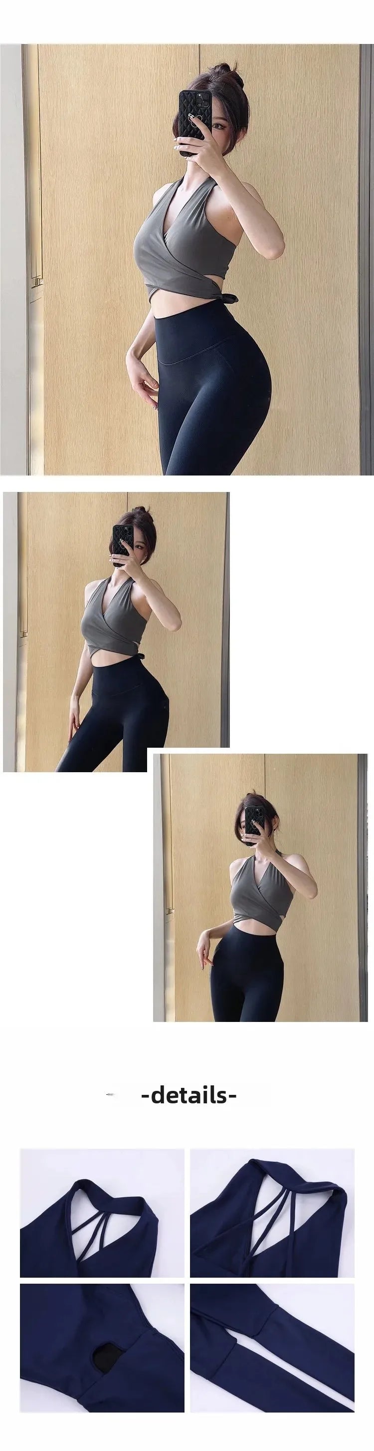 KiKis women's deep v neck nylon crop top in gray shown with black leggings and detailed close-ups