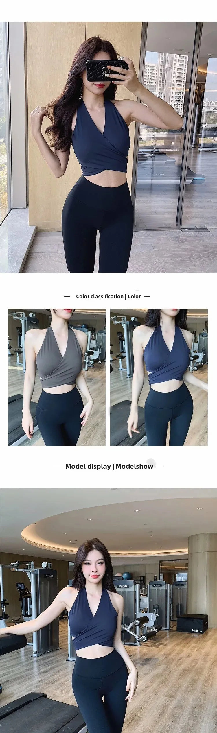 KiKis women's deep v neck nylon crop top in navy blue styled with black leggings
