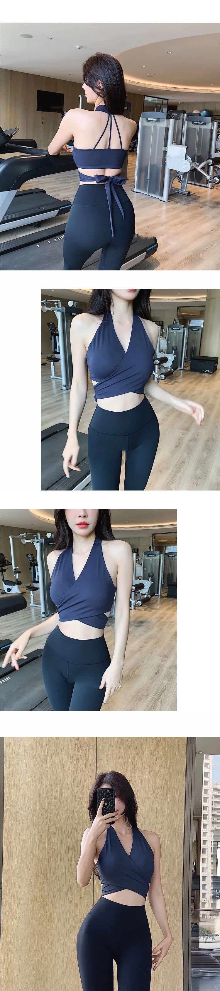 Women wearing women's deep v neck nylon crop top in gym setting with black leggings showing front and back views