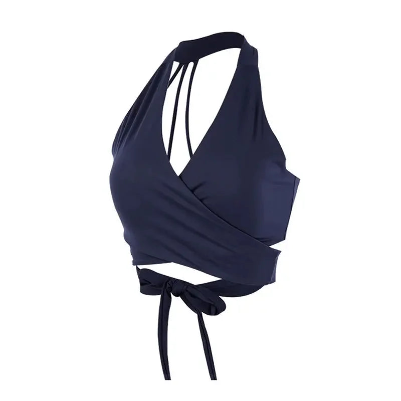 KiKis women's deep v neck nylon crop top in navy blue with wrap-around tie detail