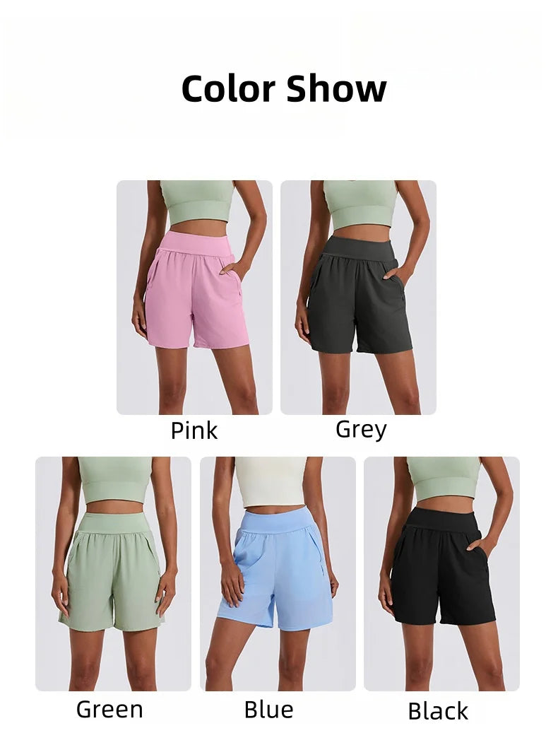 KiKis women's high waist running shorts available in pink grey green blue and black colors
