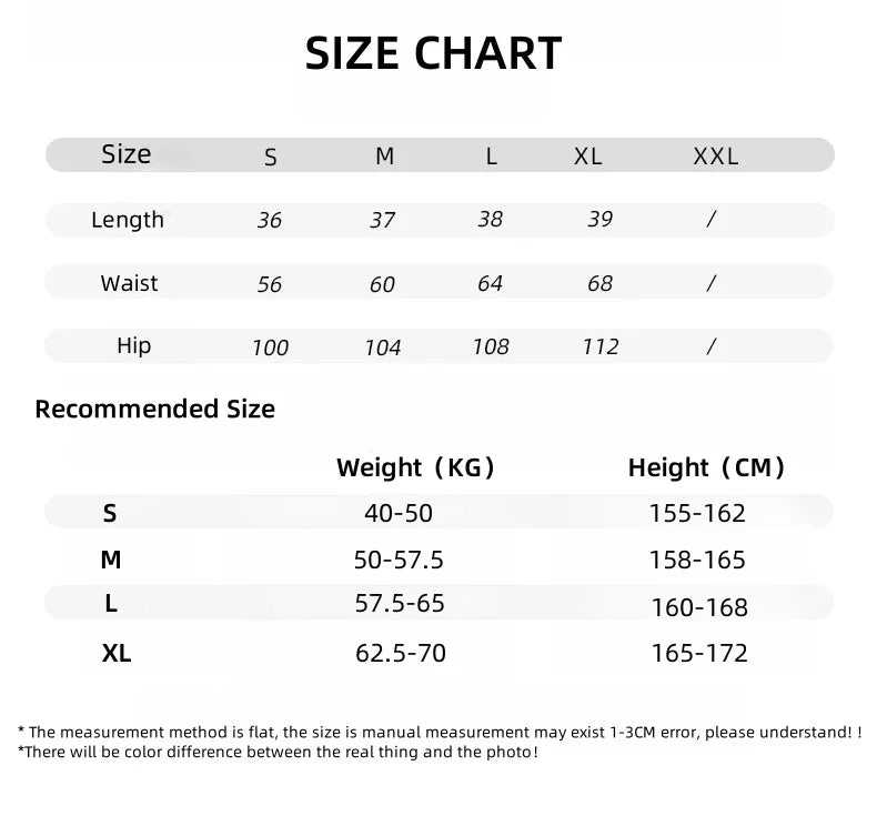 Size chart showing measurements and recommended sizing for women's high waist running shorts from KiKis