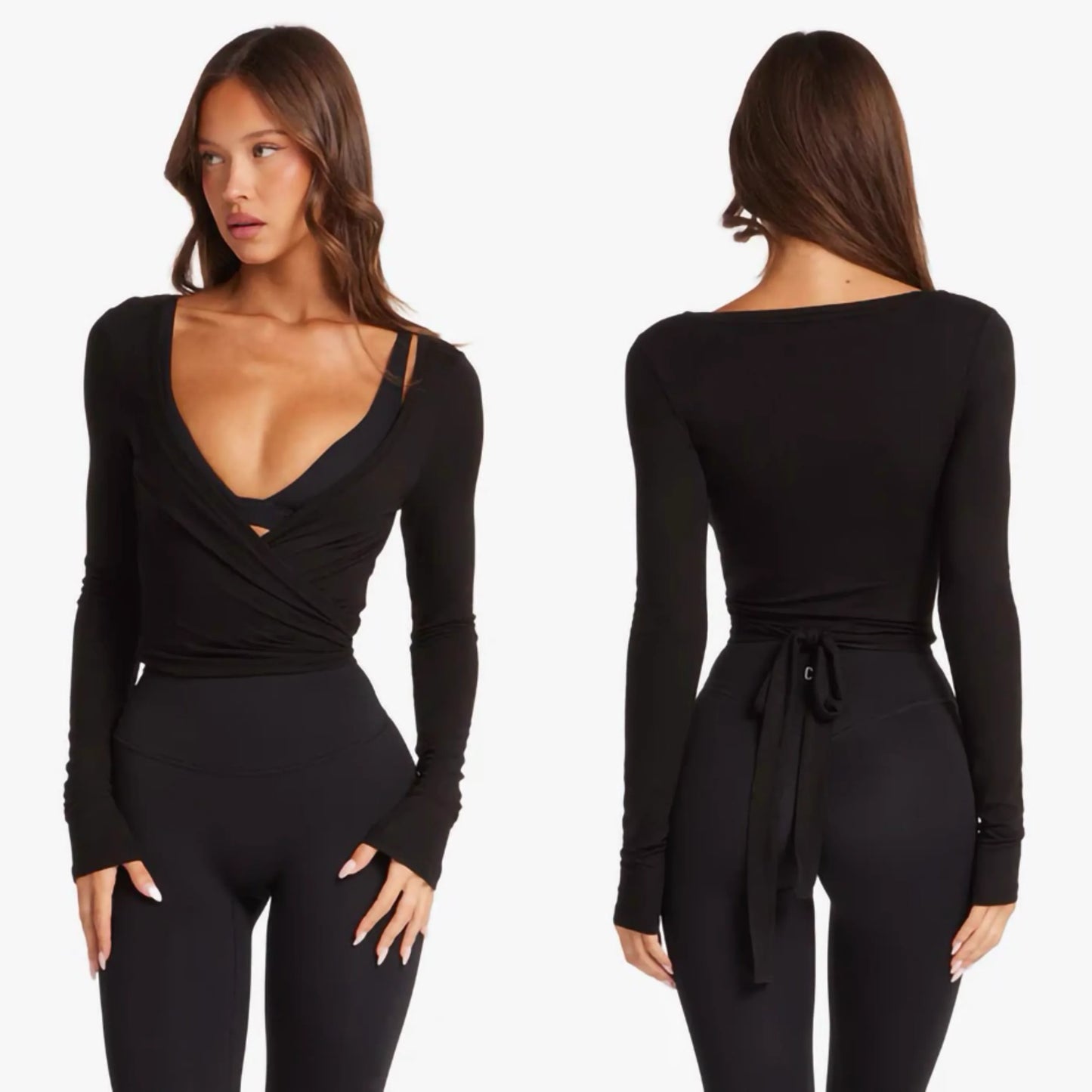 Black women's long sleeve yoga top with wrap design and tie at the back by KiKis