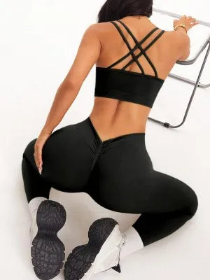 KiKis women's 2 piece yoga set in black with crisscross back straps and high-waisted leggings