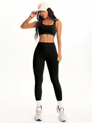 KiKis women's 2 piece yoga set in black with fitted crop top and high-waisted leggings