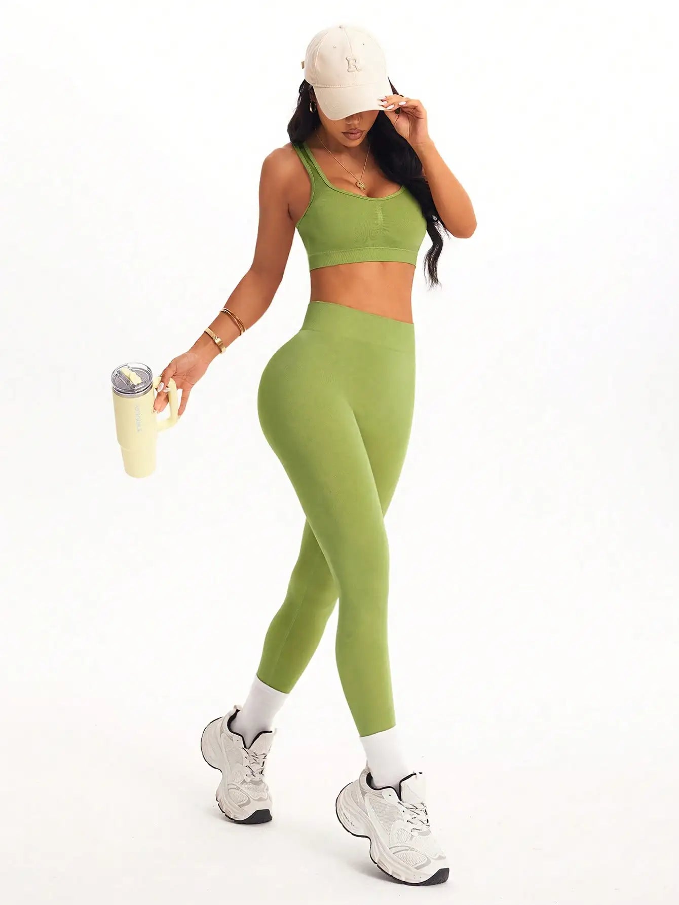 KiKis women's 2 piece yoga set in olive green with matching crop top and leggings