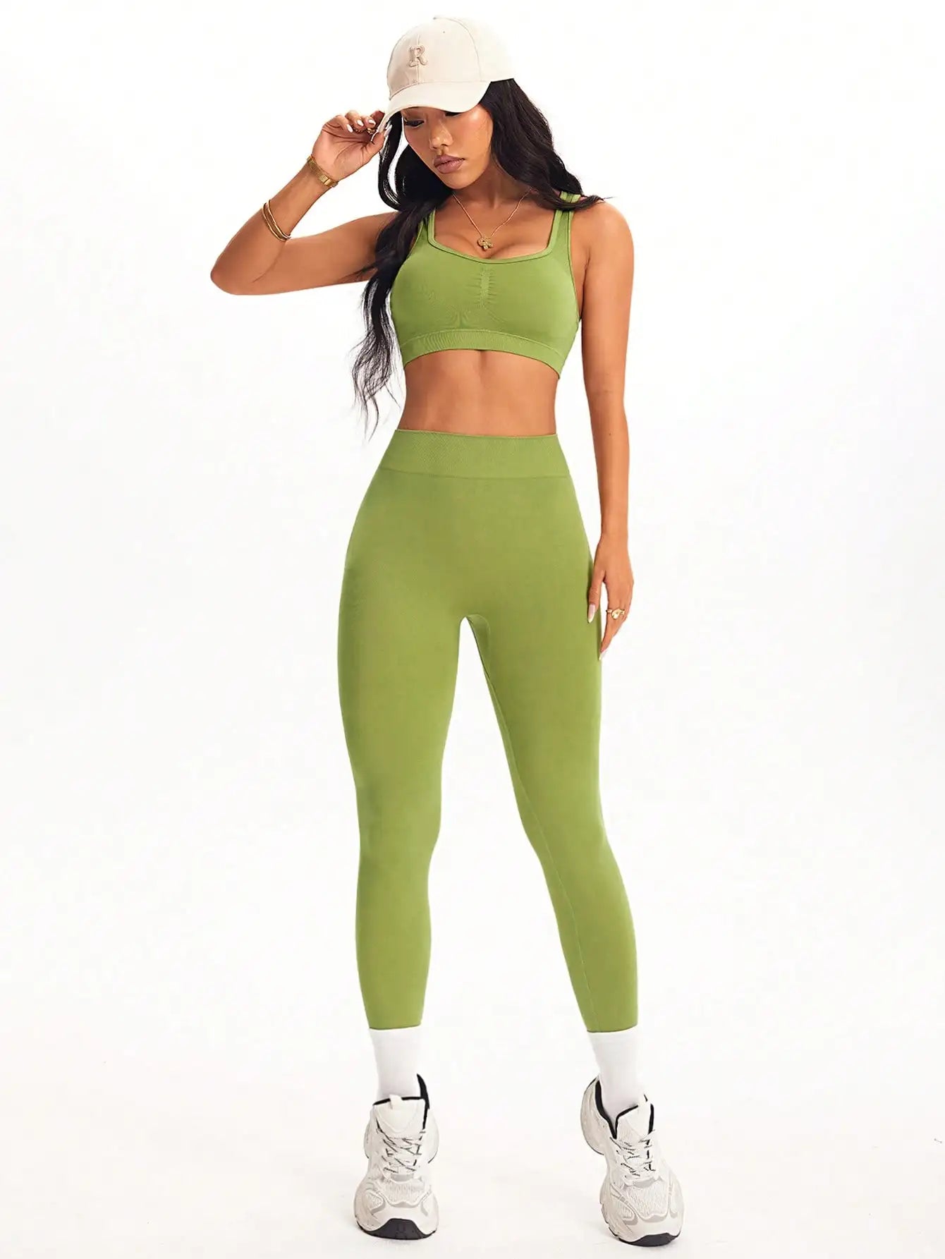 KiKis women's 2 piece yoga set in olive green featuring a fitted crop tank top and high-waisted leggings