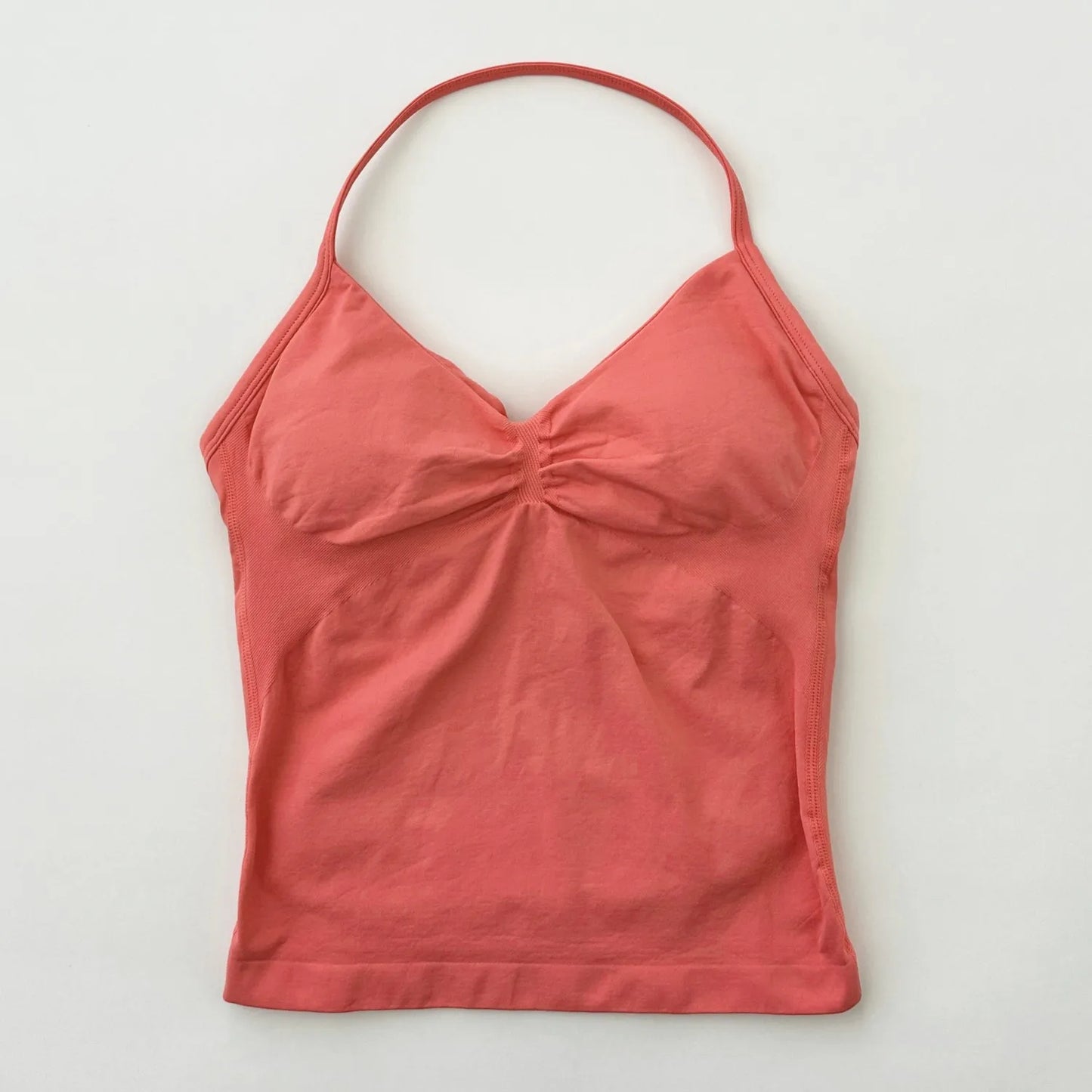 KiKis coral pink Women's Backless Gym Top with halter neck and ruched bust design