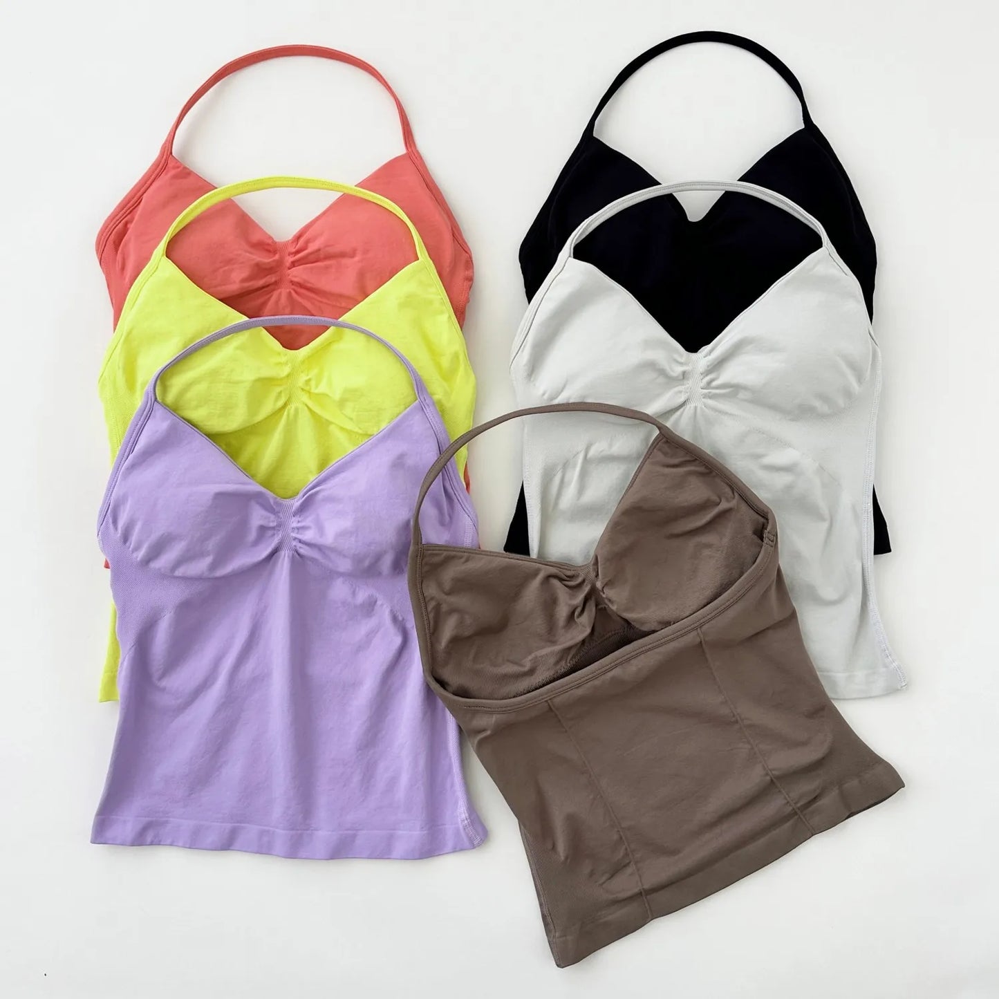 KiKis Women's Backless Gym Top in six colors including black, white, purple, brown, yellow, and coral