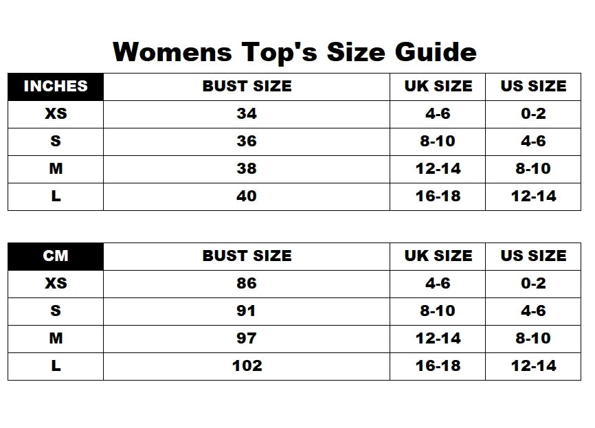 Womens Top size guide chart showing bust size in inches and cm with corresponding UK and US sizes