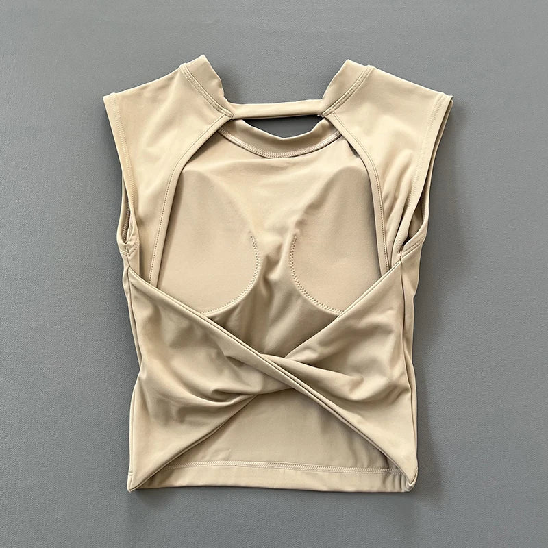 KiKis women's backless sports tank top in beige with cutout design and sleeveless fit