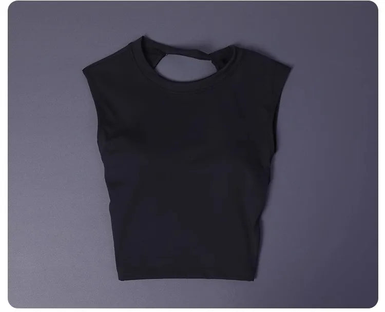 KiKis black women's backless sports tank top with sleeveless design and round neckline