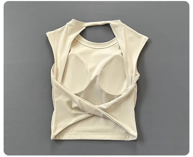 KiKis women's backless sports tank top in beige with cutout and crisscross design