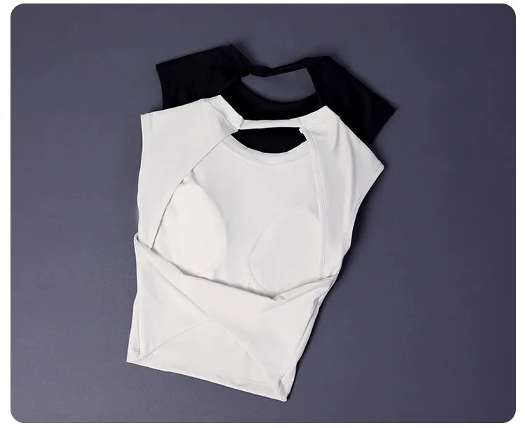 KiKis women's backless sports tank top in black and white colors with cutout back design