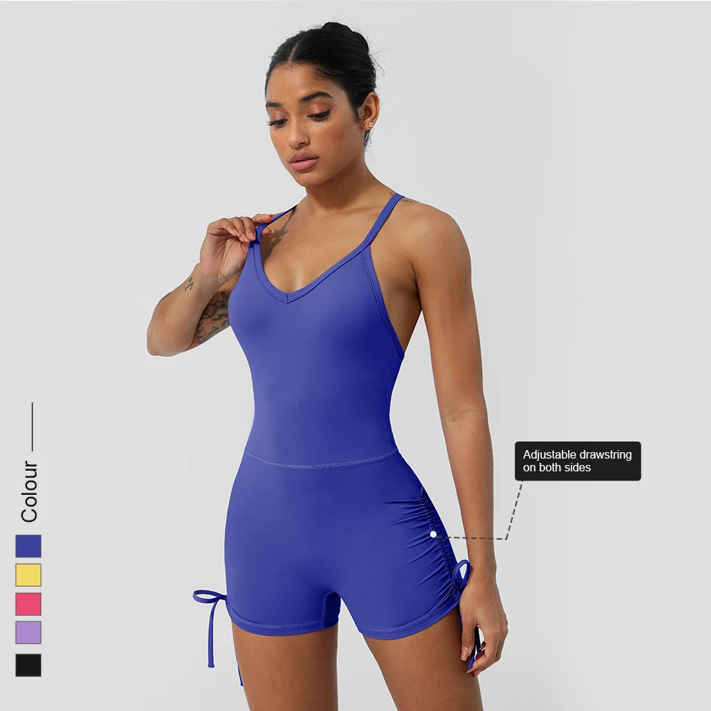 KiKis women's cross back yoga jumpsuit in blue with adjustable drawstring sides