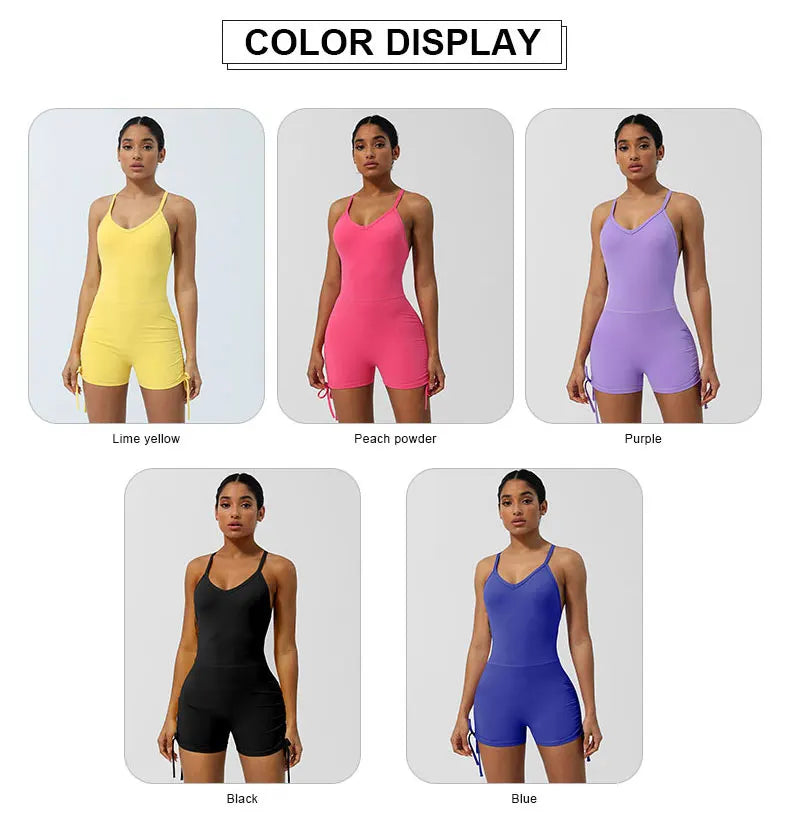 KiKis women's cross back yoga jumpsuit shown in lime yellow peach powder purple black and blue colors