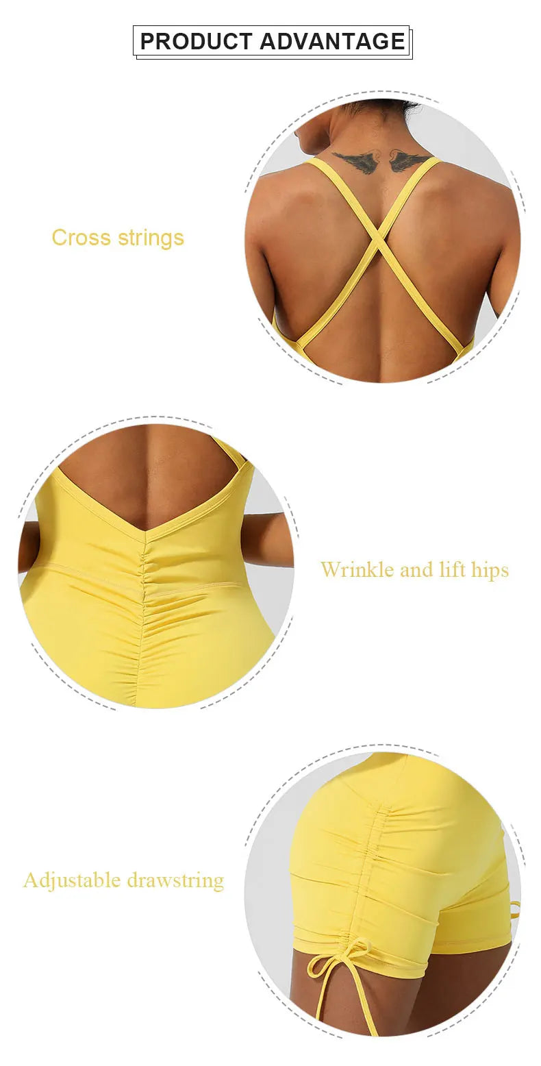 KiKis women's cross back yoga jumpsuit in yellow with adjustable drawstring and wrinkle lift hip design