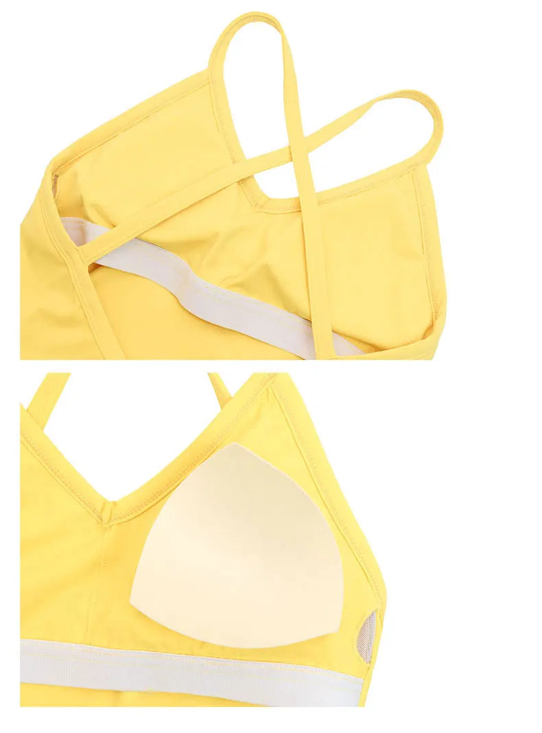 Yellow women's cross back yoga jumpsuit with removable padding and elastic support band by KiKis