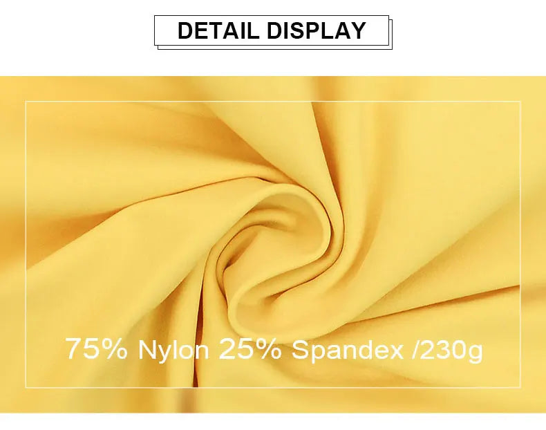 Close-up of yellow fabric made of 75 percent nylon 25 percent spandex for women's cross back yoga jumpsuit