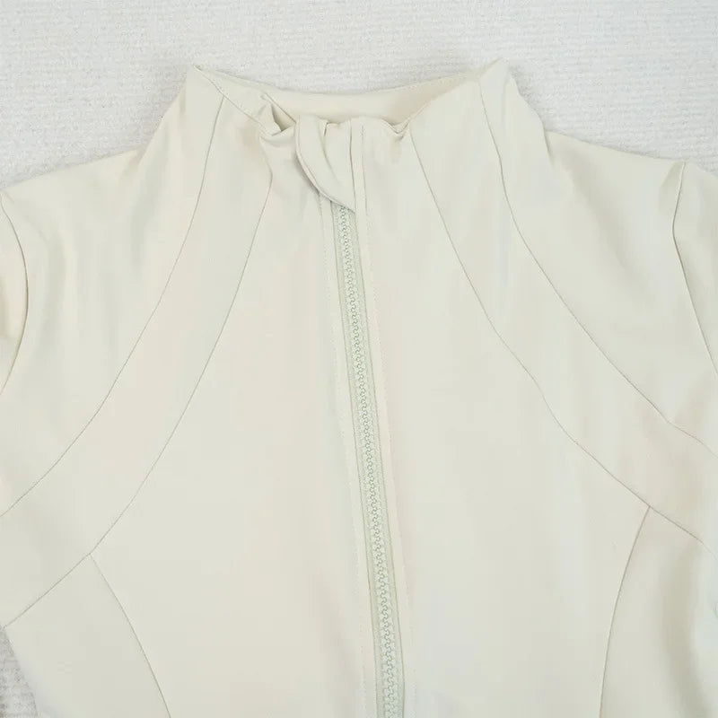 KiKis women's fleece yoga jacket in off-white with front zipper and high collar