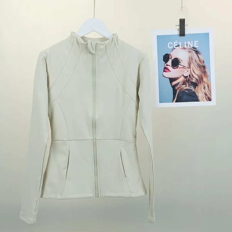 KiKis women's fleece yoga jacket in light beige with full front zipper and fitted design