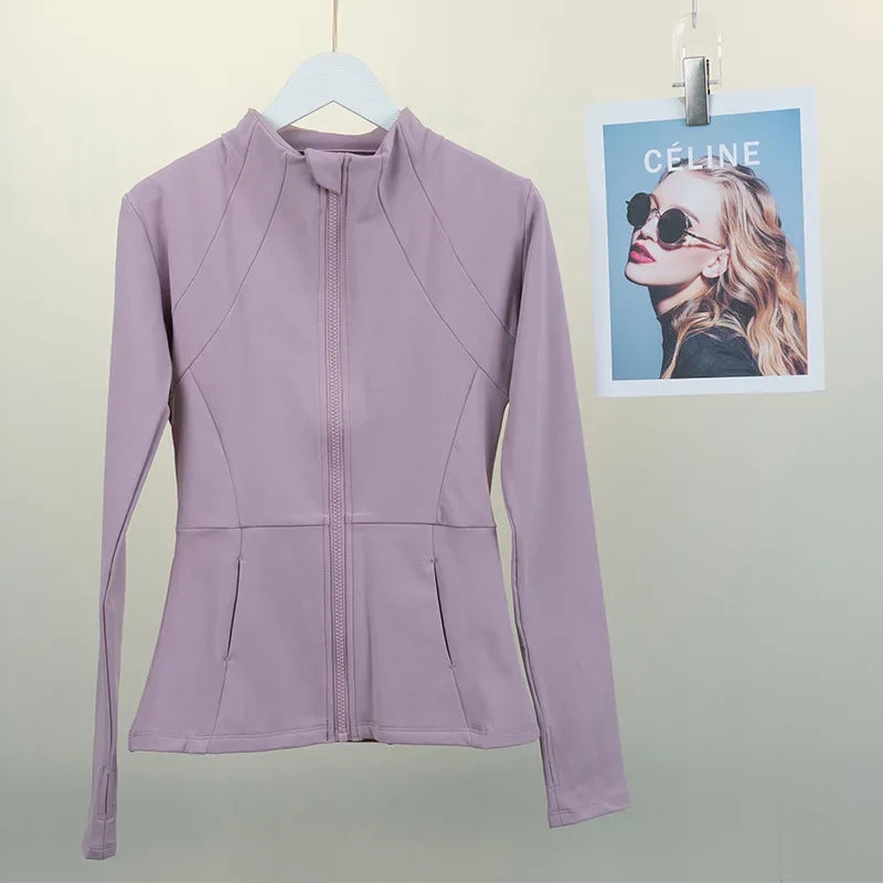 KiKis women's fleece yoga jacket in light purple with full front zipper and long sleeves