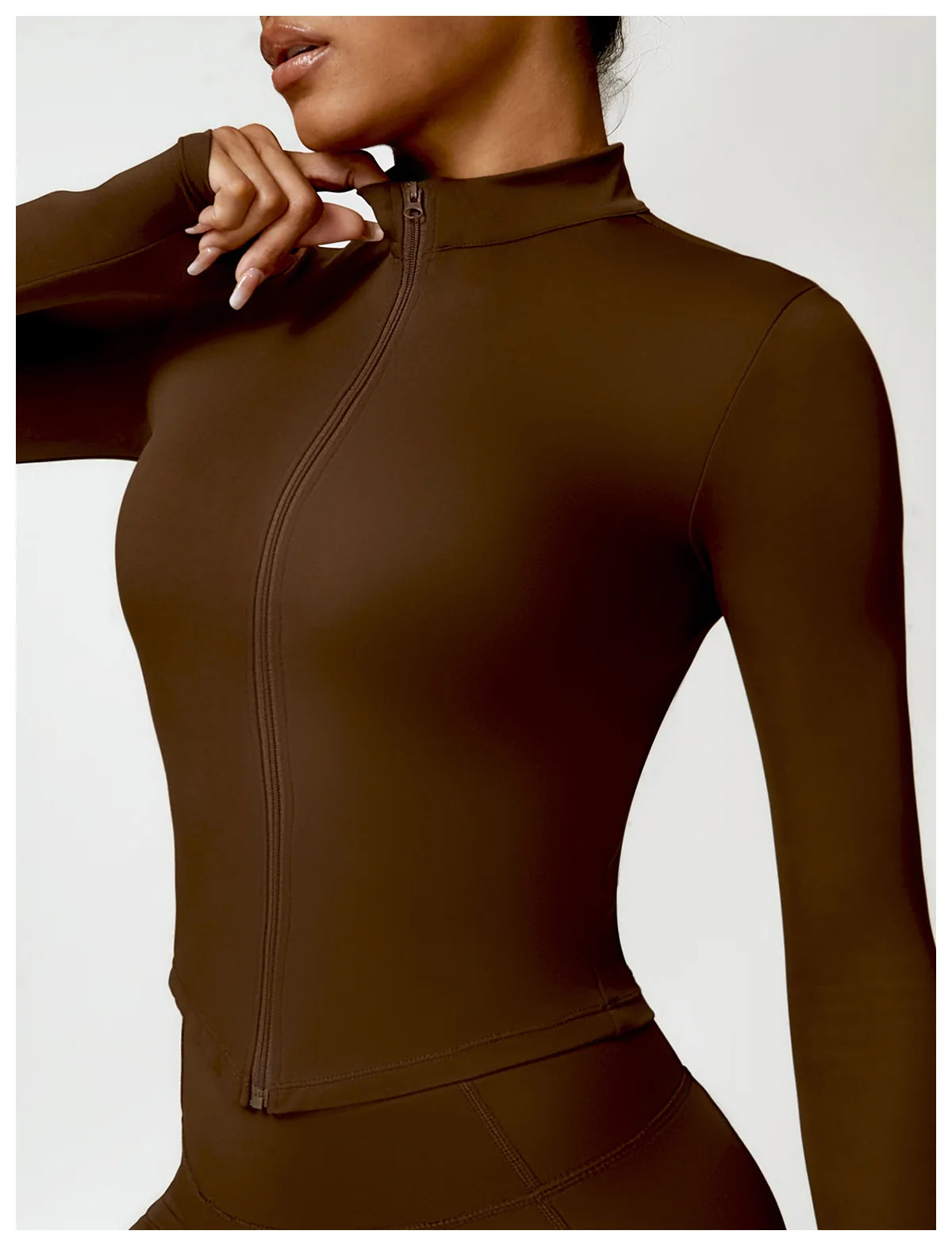 KiKis women's gym workout zip up top in dark brown fitted design with long sleeves