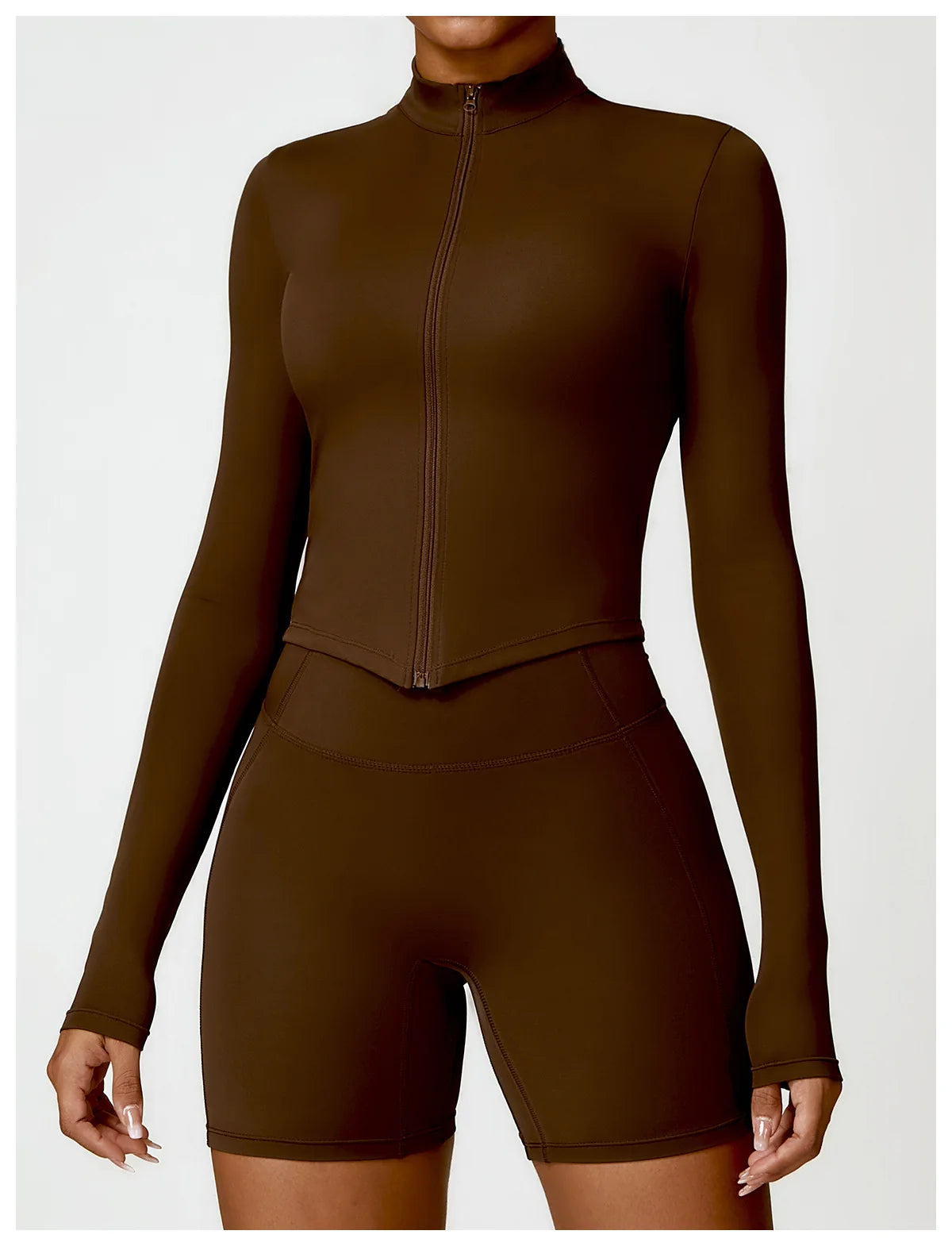 KiKis women's gym workout zip up top in dark brown fitted design with long sleeves