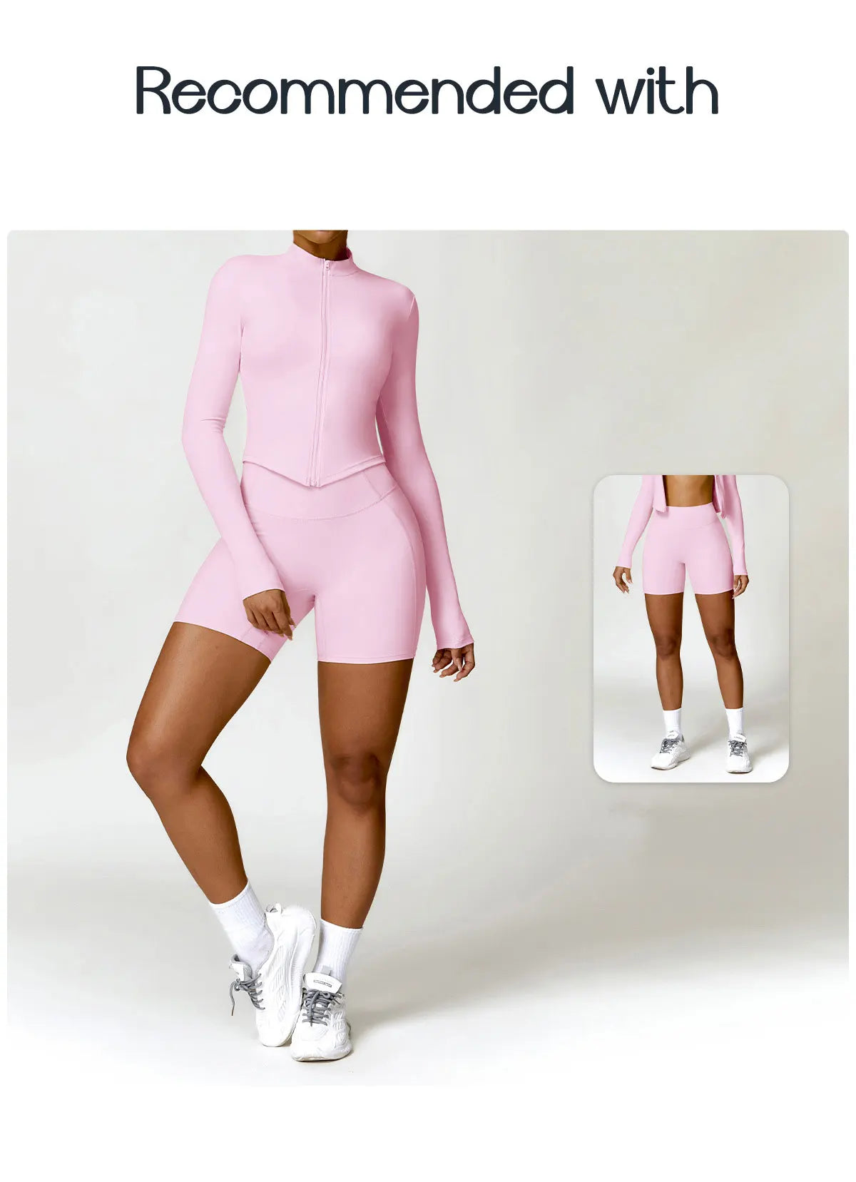KiKis women's gym workout zip up top in pink with long sleeves paired with matching shorts
