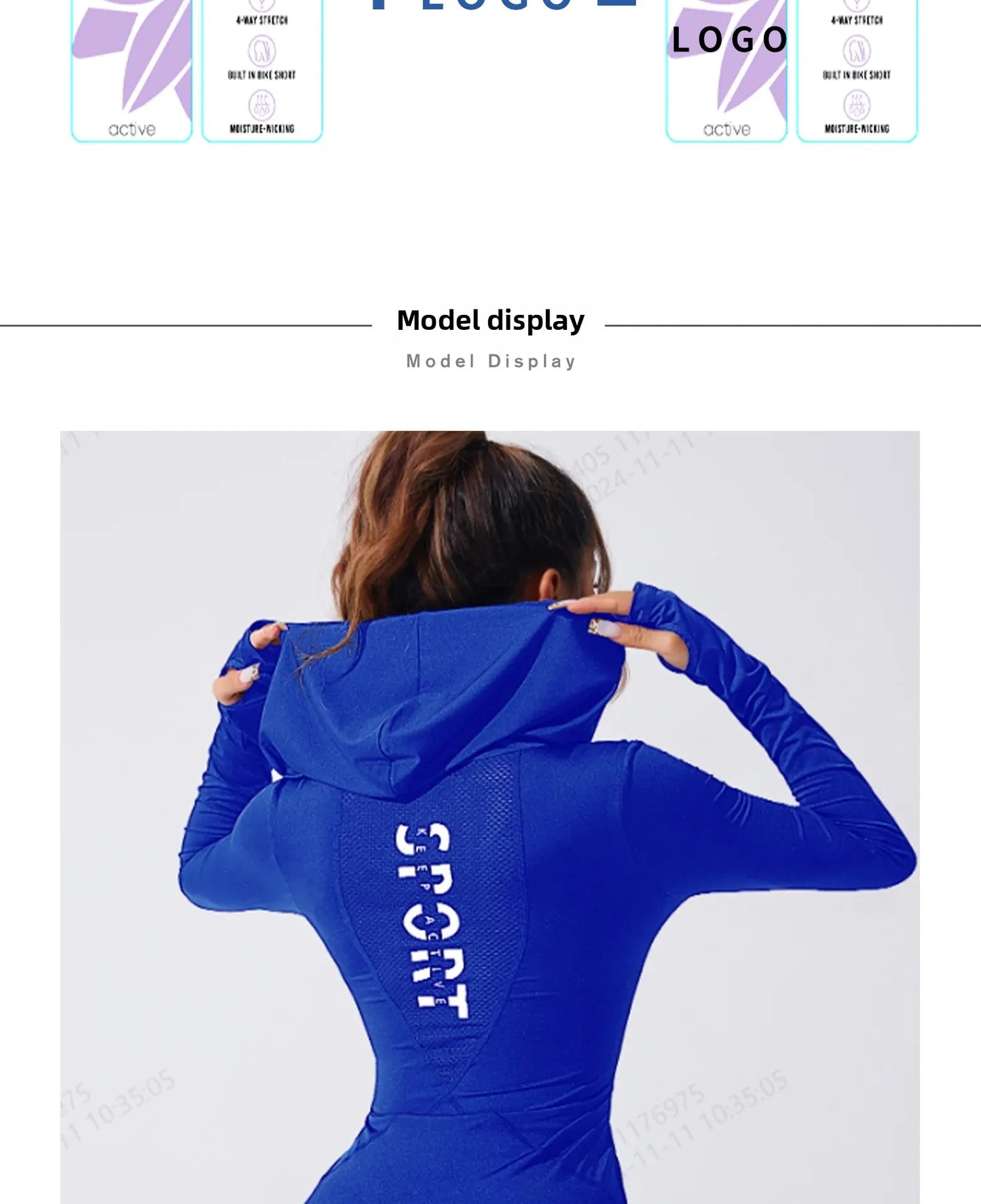 Back view of woman wearing women's heart hat sweatshirt in blue hooded design with sporty fit