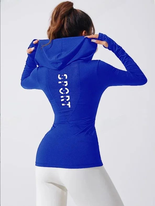 KiKis women's heart hat sweatshirt in blue with thumb holes and SPORT text on the back