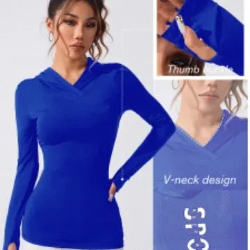KiKis women's heart hat sweatshirt in blue with V-neck design and thumb hole sleeves