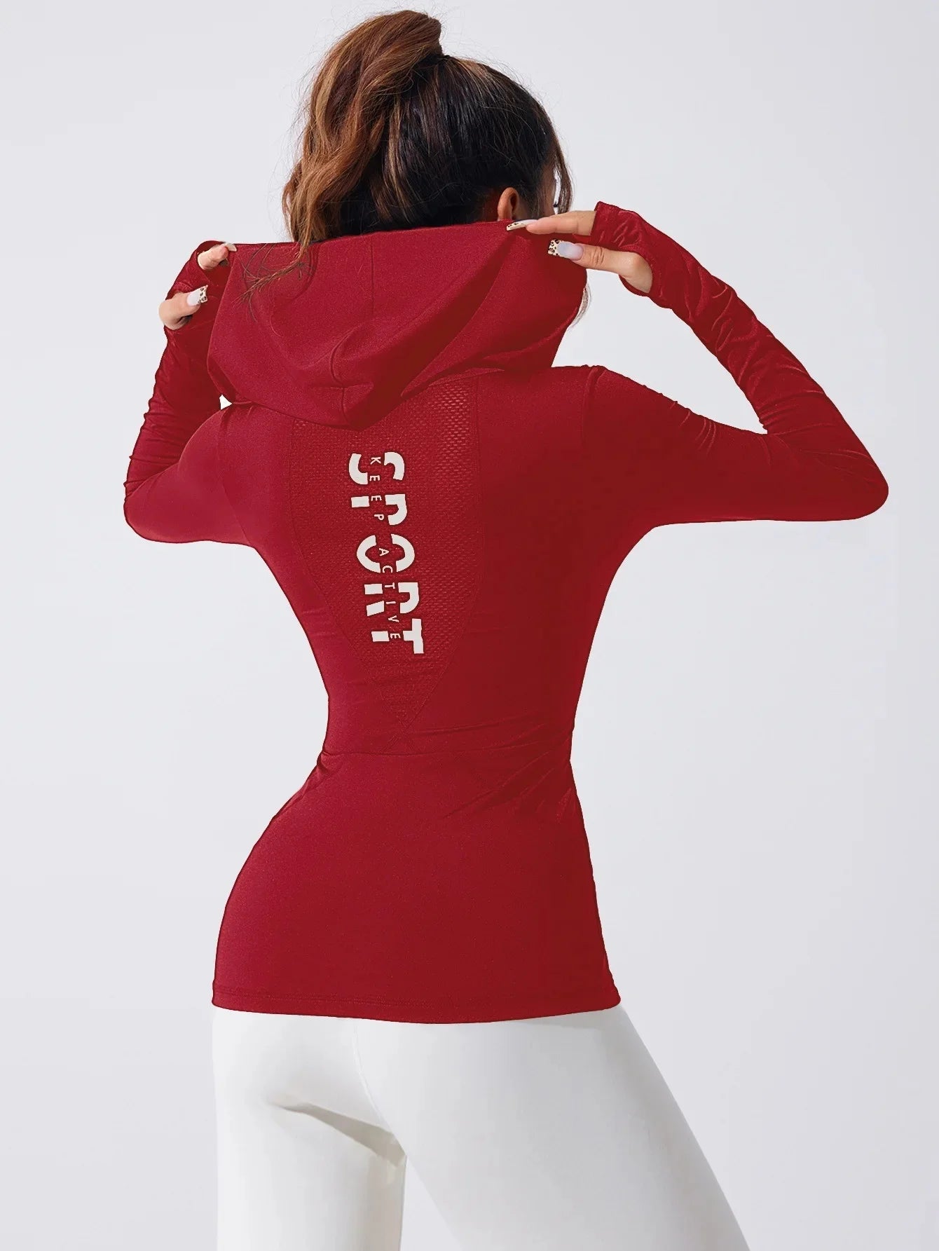 KiKis women's heart hat sweatshirt in red with sporty back text and thumbhole sleeves