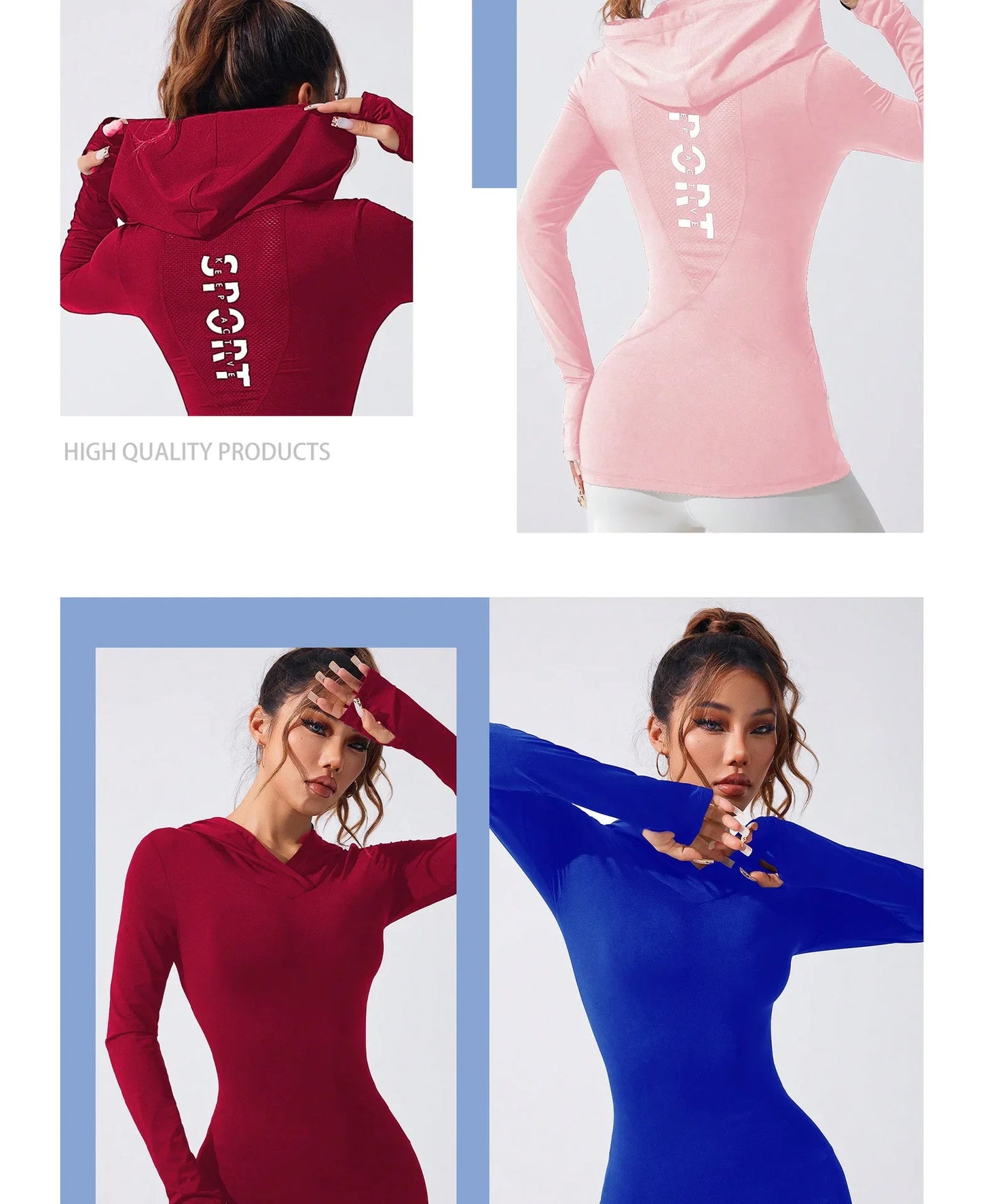 KiKis women's heart hat sweatshirt in red, pink, and blue colors with sporty back text and thumb hole sleeves