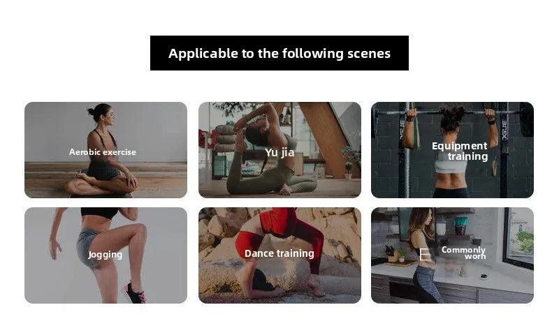 Collage showing different uses of women's heart hat sweatshirt including aerobic exercise, yoga, equipment training, jogging, dance training, and work