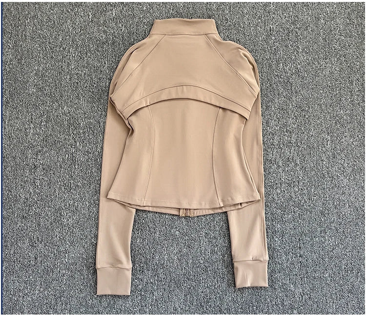 KiKis women's high-end exercise jacket in beige with long sleeves and fitted design