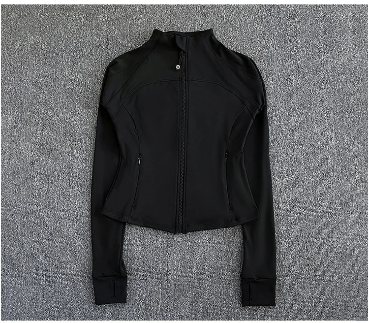 KiKis black women's high-end exercise jacket with full zip and long sleeves laid flat