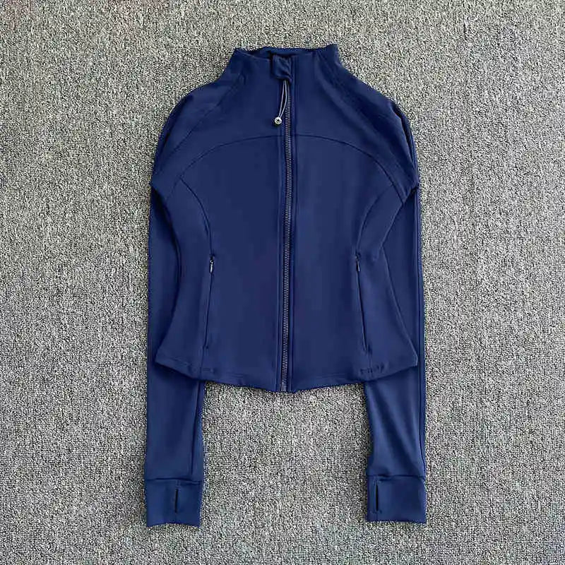 KiKis navy blue women's high-end exercise jacket with full zipper and thumb holes