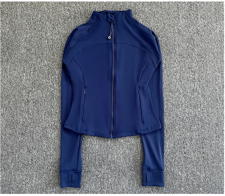 KiKis women's high-end exercise jacket in navy blue with full zip and thumbhole cuffs