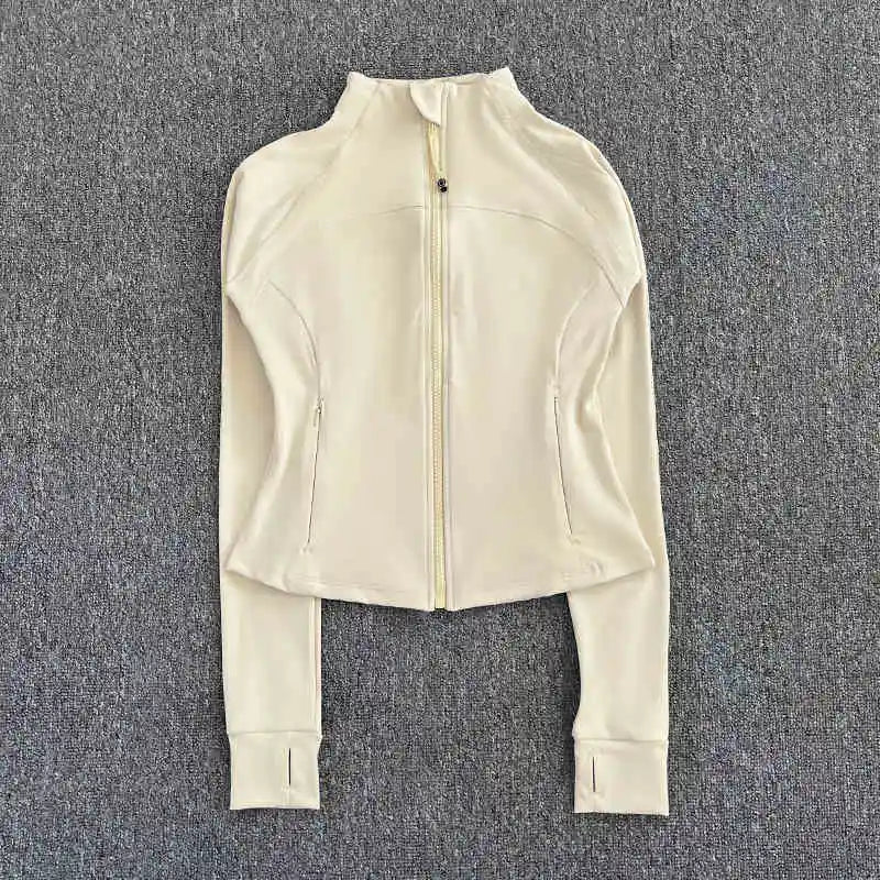 KiKis beige women's high-end exercise jacket with full zipper and thumb holes
