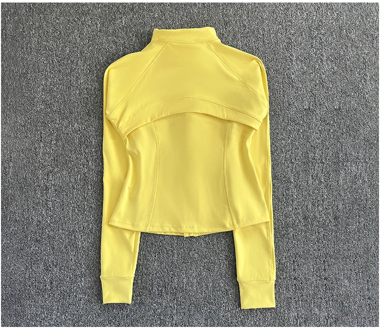 KiKis women's high-end exercise jacket in yellow with long sleeves and a high collar