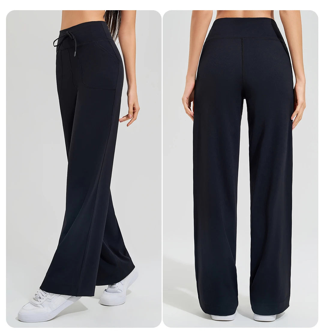 KiKis Women's High Waist Loose Running Yoga Pants in black shown from side and back views