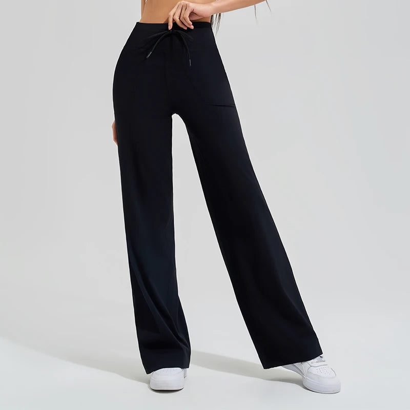 KiKis Women's High Waist Loose Running Yoga Pants in black with drawstring and wide leg design