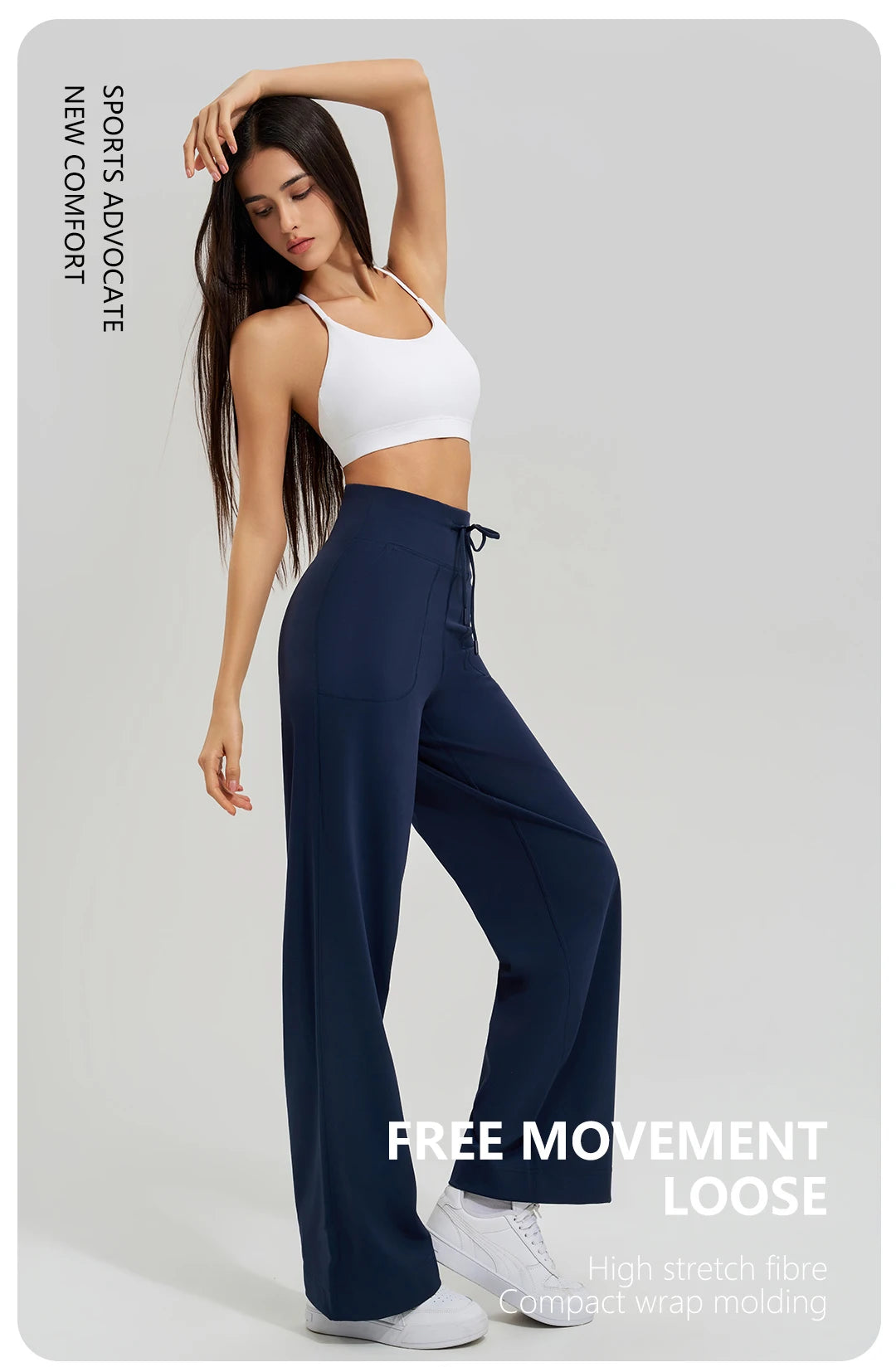 KiKis Women's High Waist Loose Running Yoga Pants in navy blue paired with white sports bra