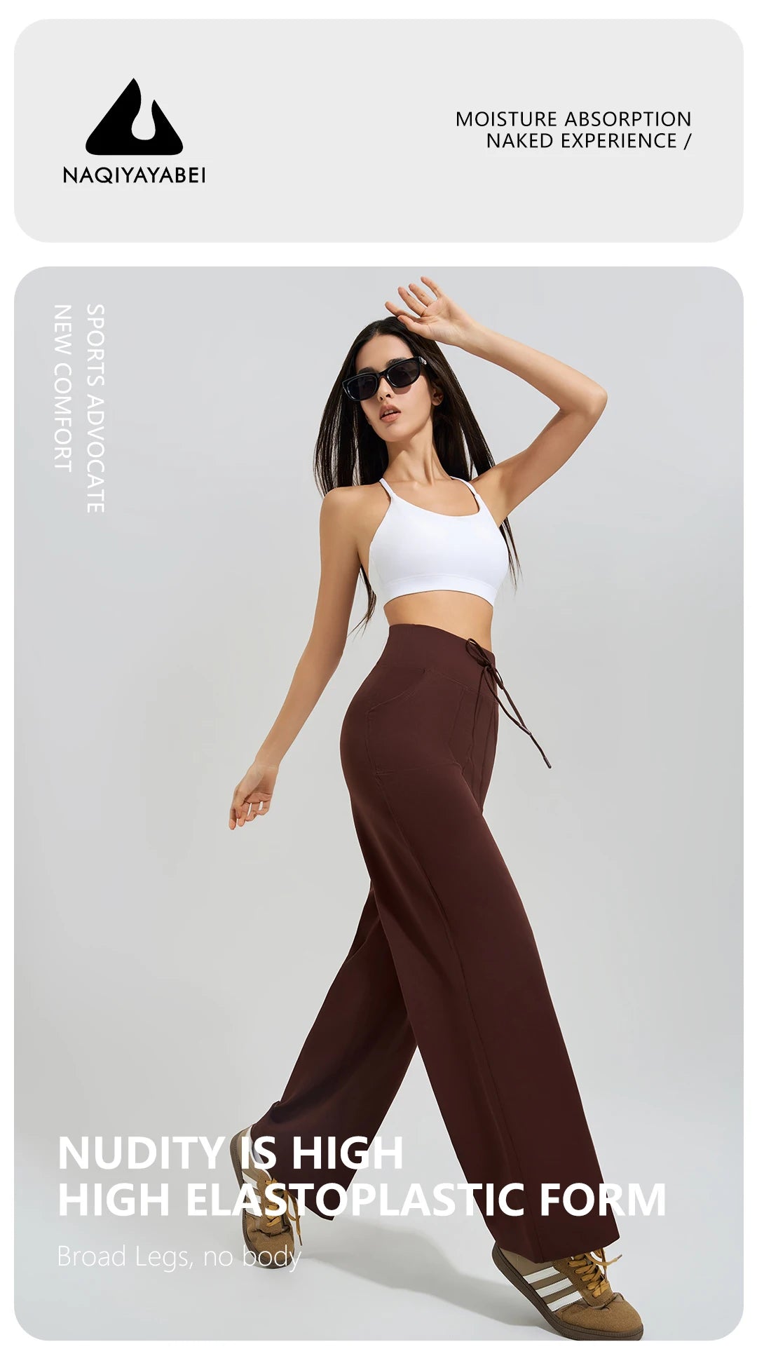 Woman wearing KiKis Women's High Waist Loose Running Yoga Pants in brown with white crop top and sunglasses