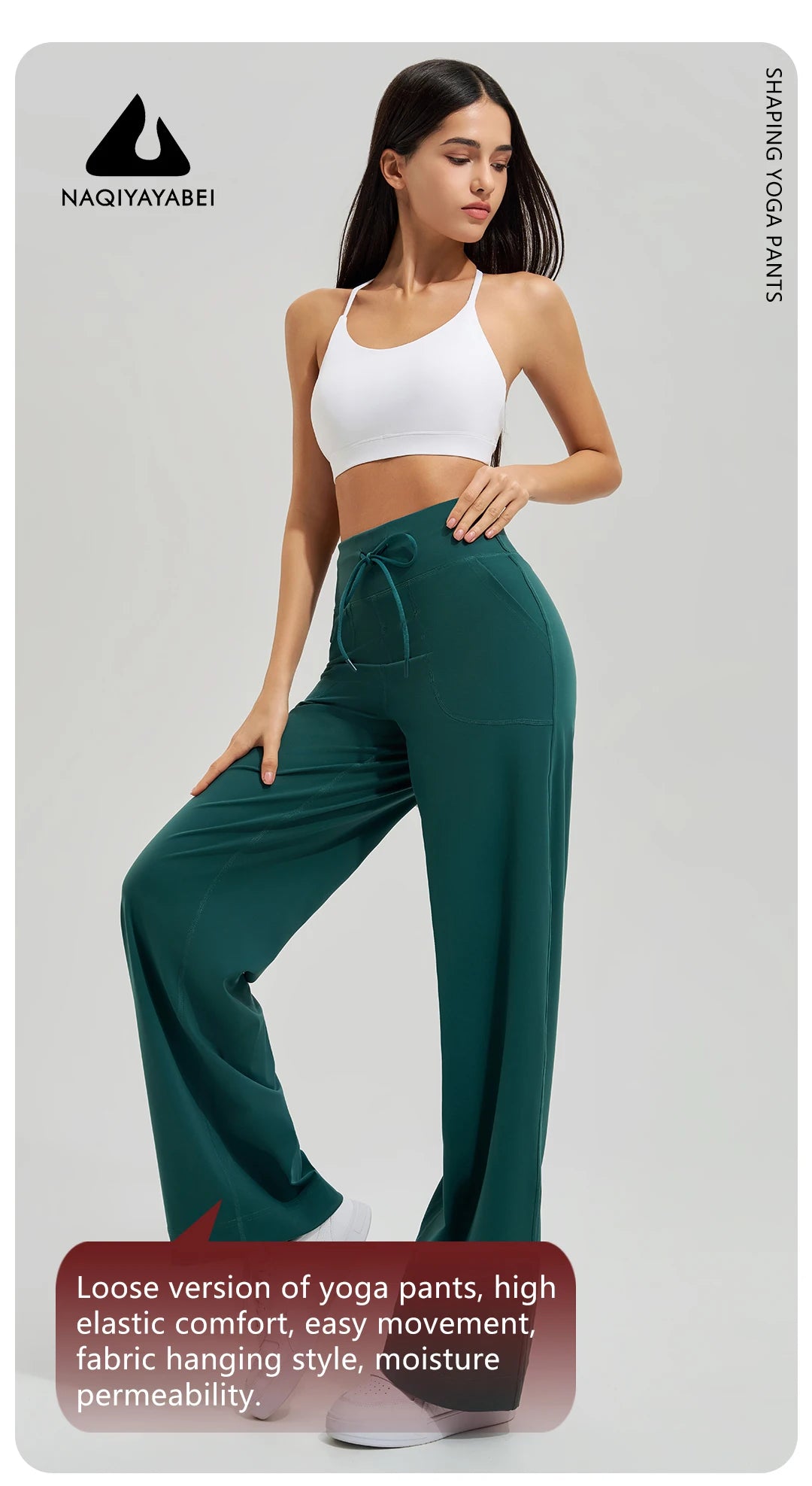KiKis Women's High Waist Loose Running Yoga Pants in green worn with white sports bra for comfort and flexibility